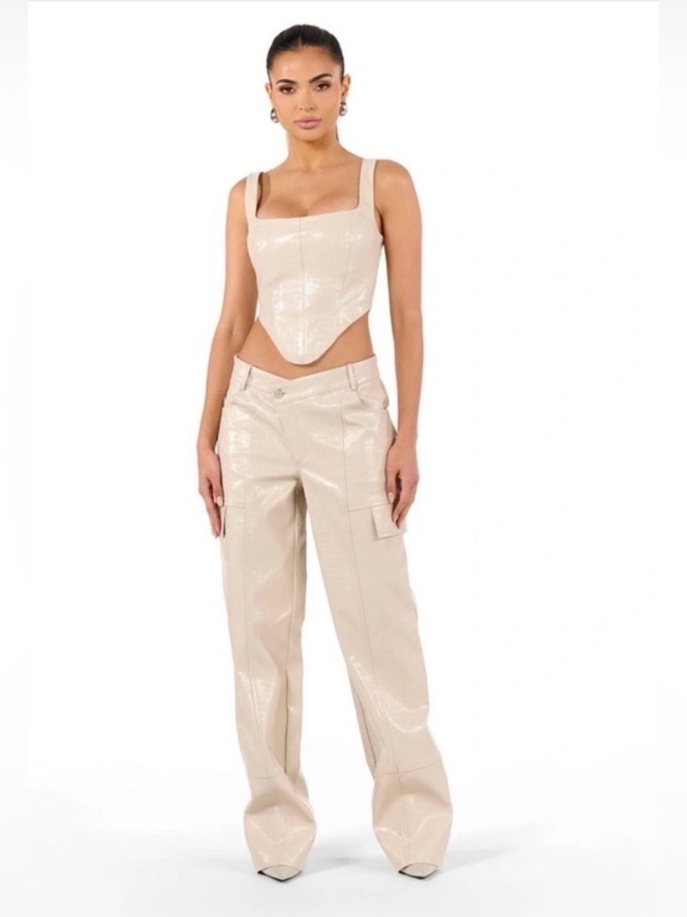 Naked Wardobe Women's Cream Faux-Leather Croc Wide Leg Cargo Pants